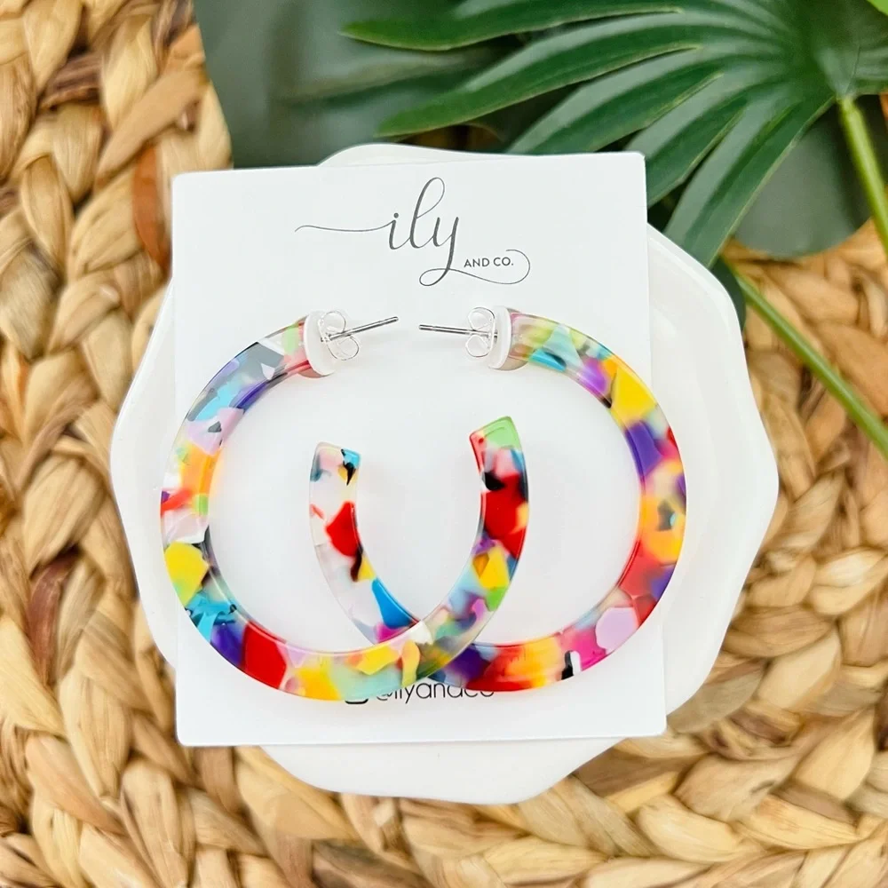 New Boho Multicolor Acetate Hoop Earrings | Lightweight | NWT | Open Hoops